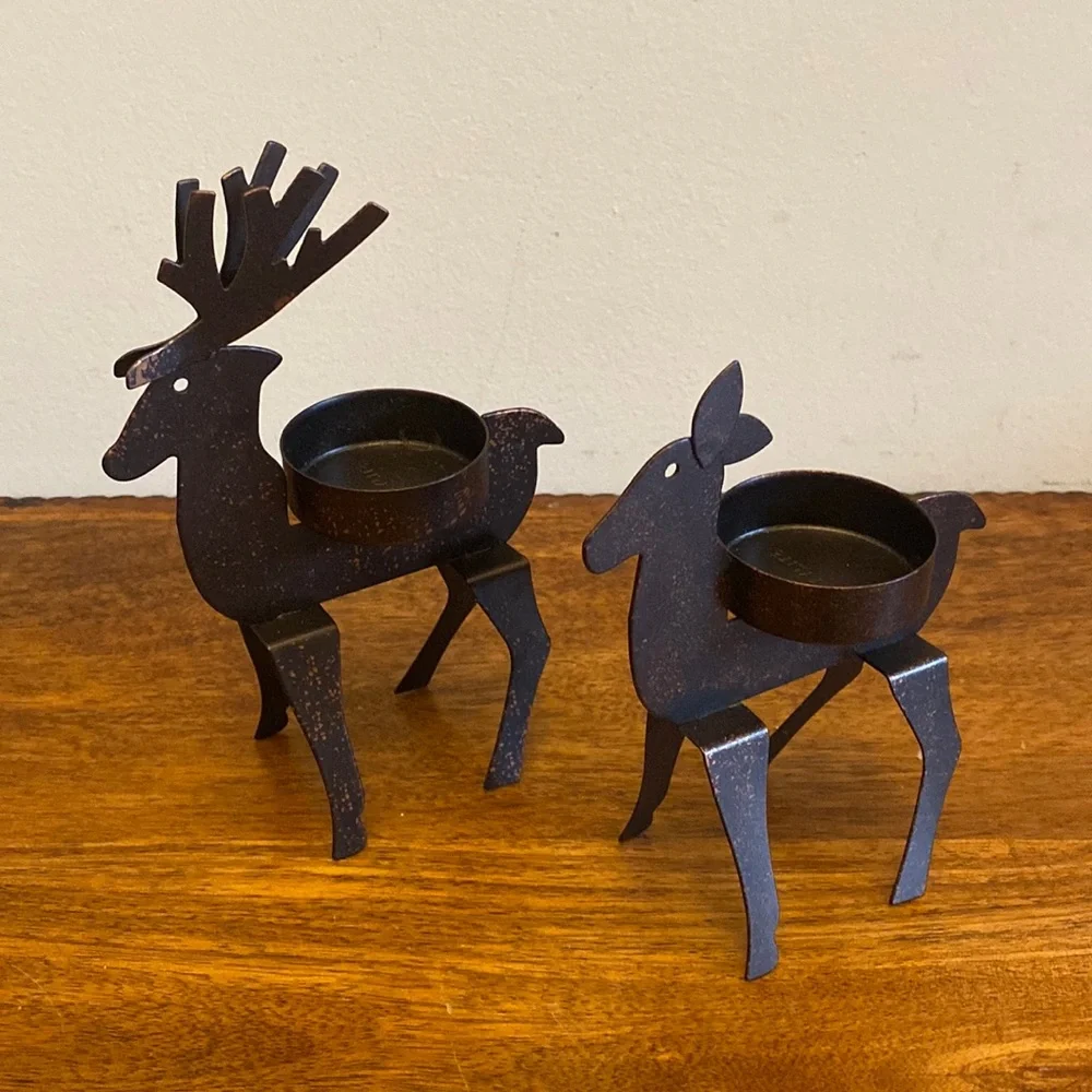 Vintage PartyLite Metal Deer Candle Holders Pair Bronze Buck & Doe Set